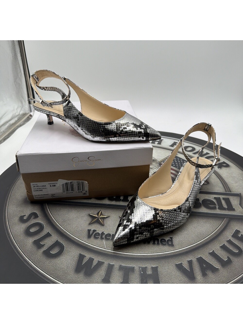 Jessica Simpson Women's JS-Vellana Kitten Heel Pump Chrome Lux Snake Size 9.5 M